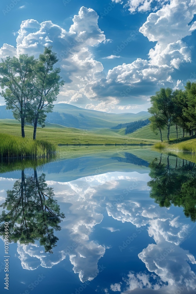 Fototapeta premium Serene Landscape Reflection of Clouds and Sky