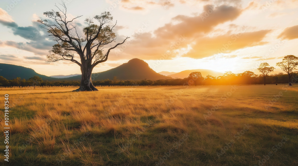 Fototapeta premium A large tree stands in a field with a beautiful sunset in the background