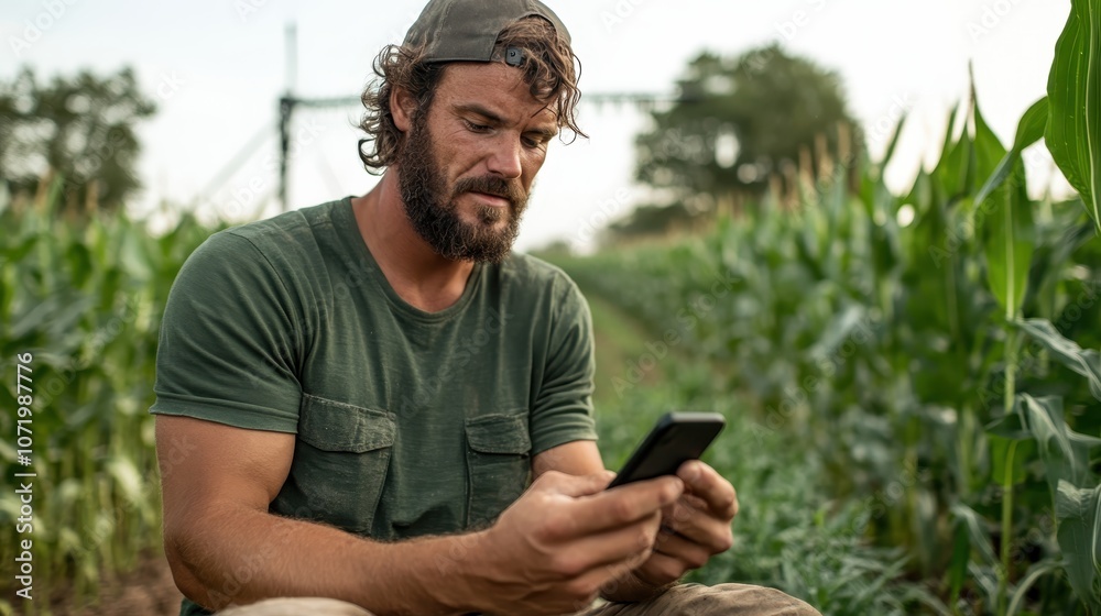 Fototapeta premium A male farmer sits among crops while attentively using a smartphone, representing digital advancements in agricultural practices and modern farming solutions in rural settings.