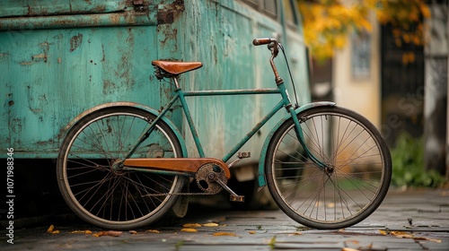 A rusty teal vintage bicycle leaning against a worn-out teal vehicle.