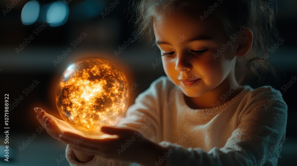 Naklejka premium A child with innocent curiosity holds an illuminating orb, casting a serene light in the darkness, representing wonder, exploration, and the joy of discovery.