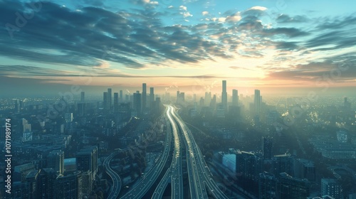 Sunrise over a Modern Metropolis Skyline photo