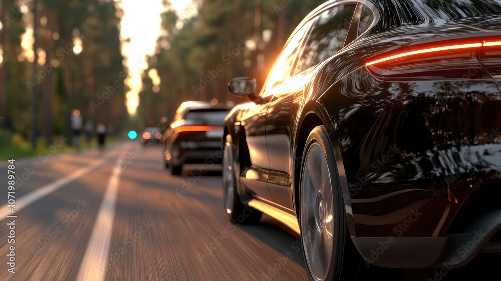 Naklejka premium Luxury cars drive through a sunlit forest, with light glinting off their polished surfaces, representing speed, elegance, and the thrill of driving.