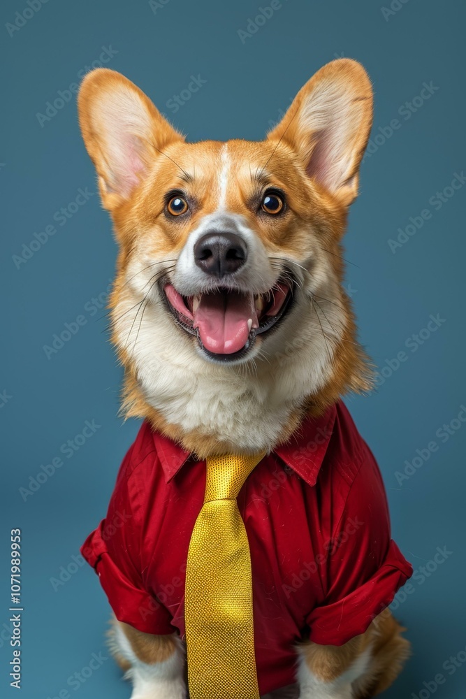 A cute corgi wearing a red shirt and yellow tie A cute corgi wearing a red shirt and yellow tie