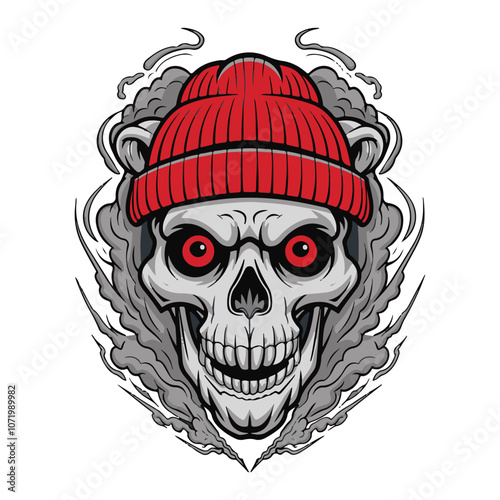 skull head wearing a red hat 