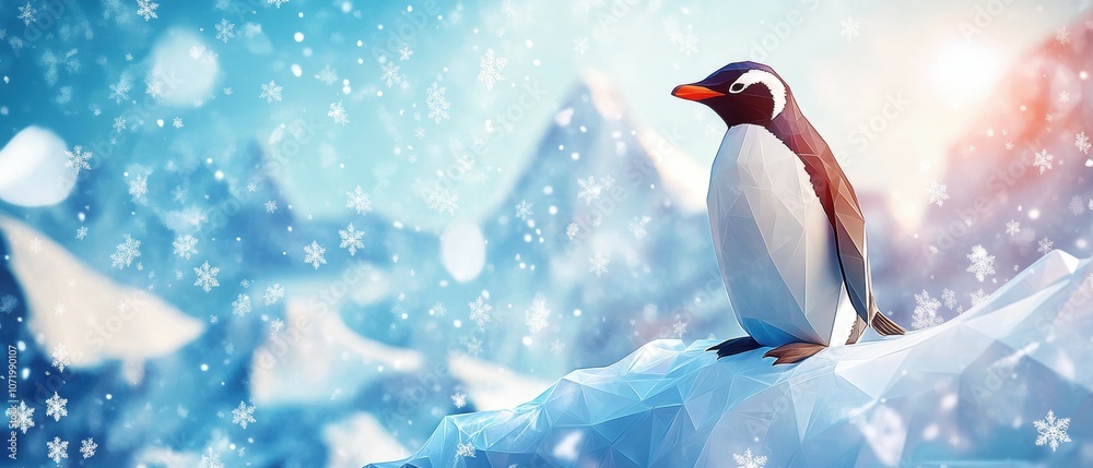 Fototapeta premium Discover the charm of a lowpoly penguin on an icy landscape surrounded by snowflakes