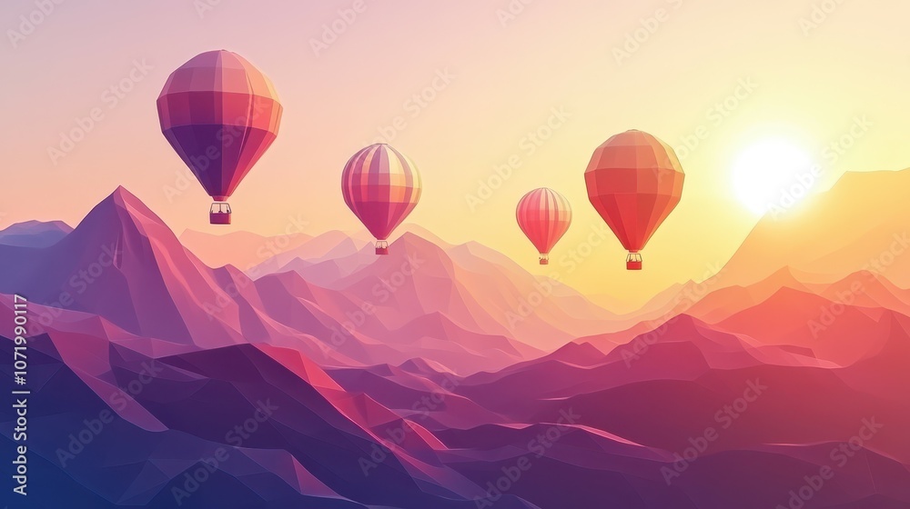 Fototapeta premium Experience the serenity of a low-poly mountain landscape at sunrise with hot air balloons