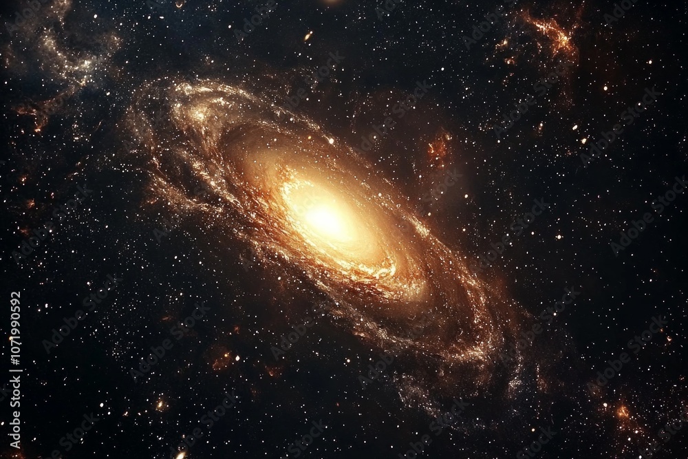Fototapeta premium The vastness of the universe, galaxies and stars in space, an orange glow on the spiral galaxy