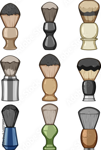 shaving brush set cartoon. lather handle, synthetic badger, horsehair exfoliate shaving brush sign. isolated symbol vector illustration