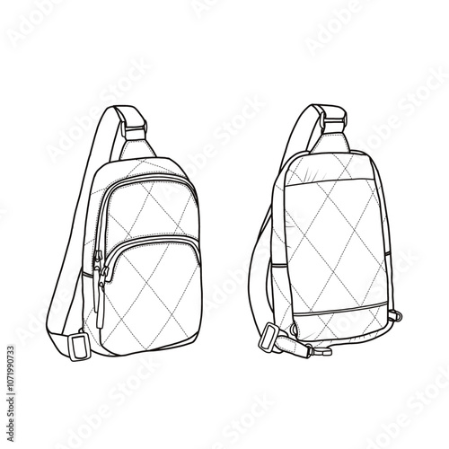 Sling bag for women cross body sling chest bag for travel and hiking with adjustable shoulder strap line art. Outline vector doodle illustration front and back view. Isolated on a white background
