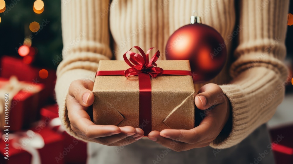 Hands present a neatly wrapped gift adorned with a red ribbon, embodying the warmth and anticipation of giving in a festive holiday atmosphere. Hands present a neatly wrapped gift adorned with a red ribbon, embodying the warmth and anticipation of giving in a festive holiday atmosphere.