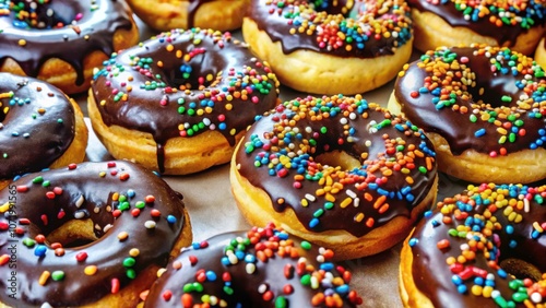 A plate of chocolate glazed donuts with colorful sprinkles, a sweet treat for any occasion