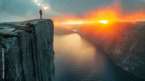 Man standing on a cliff overlooking a fjord in Norway photo