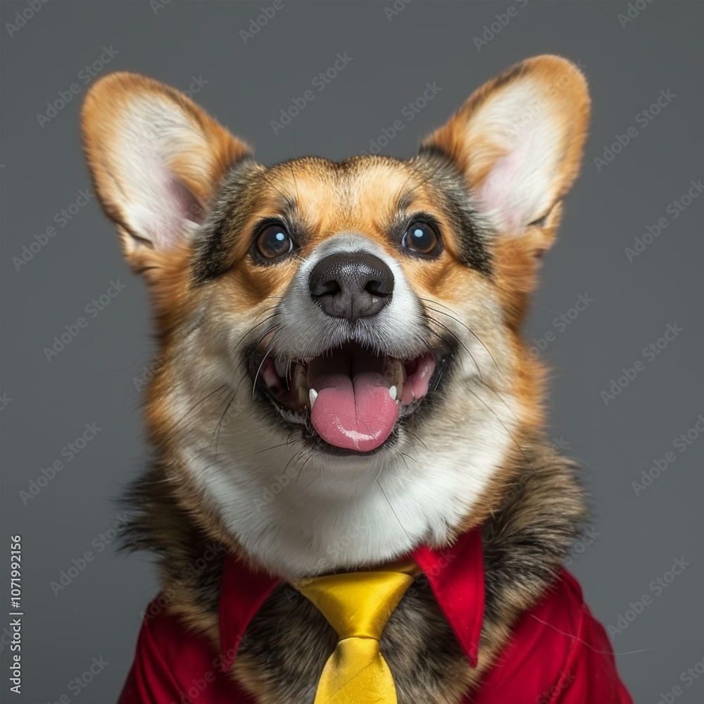 A happy corgi wearing a red shirt and yellow tie A happy corgi wearing a red shirt and yellow tie
