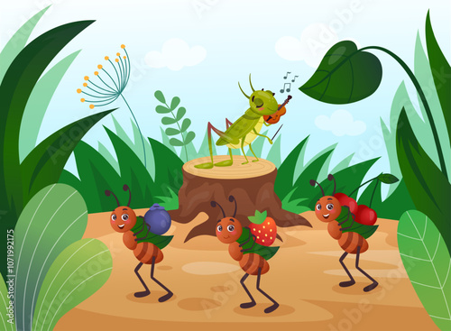 Grasshopper fable. Katydid violin. Cute ant. Children story funny character. Funny cricket sings on tree. Nature kid cartoon forest tale, beetle and bugs isolated mascots. Vector tidy illustration