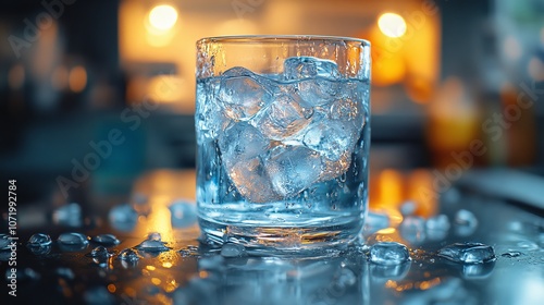 Photorealistic Image of Water with Ice on Kitchen Table photo