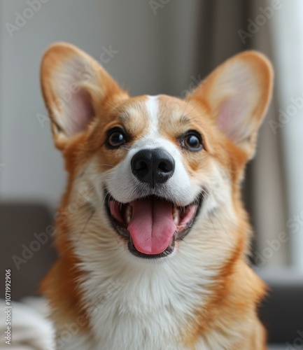 A happy corgi dog is sitting on the couch and looking at the camera