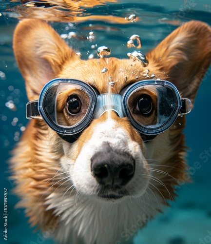 A cute corgi dog wearing swimming goggles is swimming underwater photo