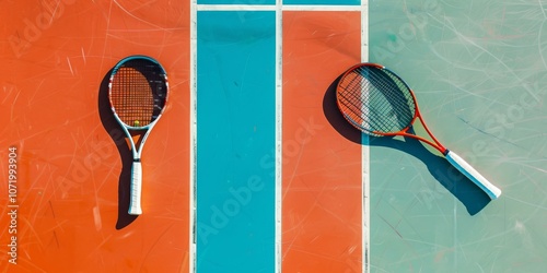 Two tennis rackets on a tennis court with orange and blue surface photo