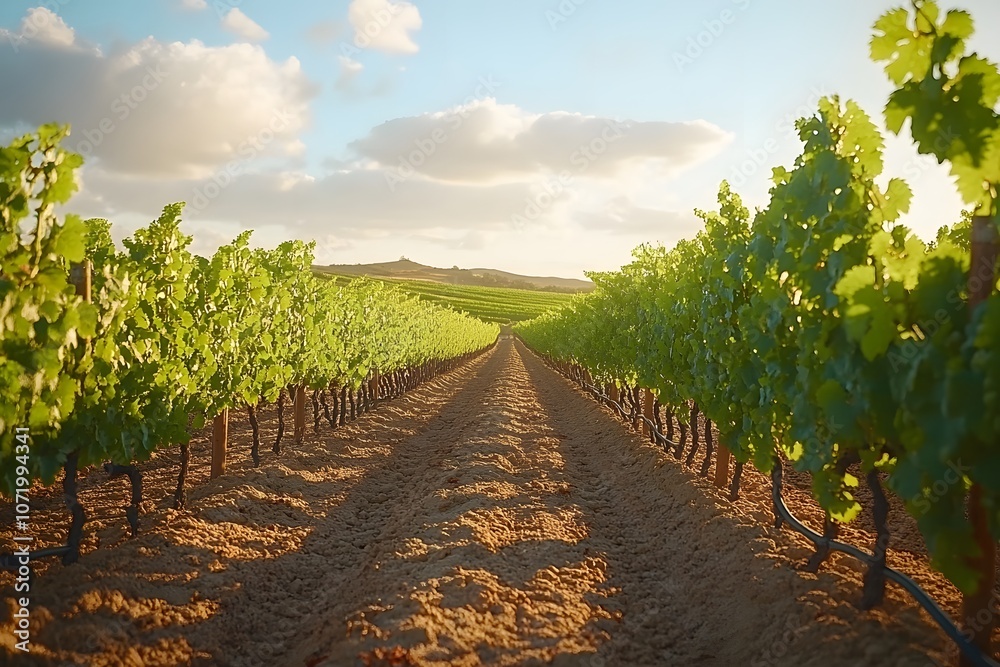 Naklejka premium A serene vineyard landscape with rows of grapevines under a bright sky.