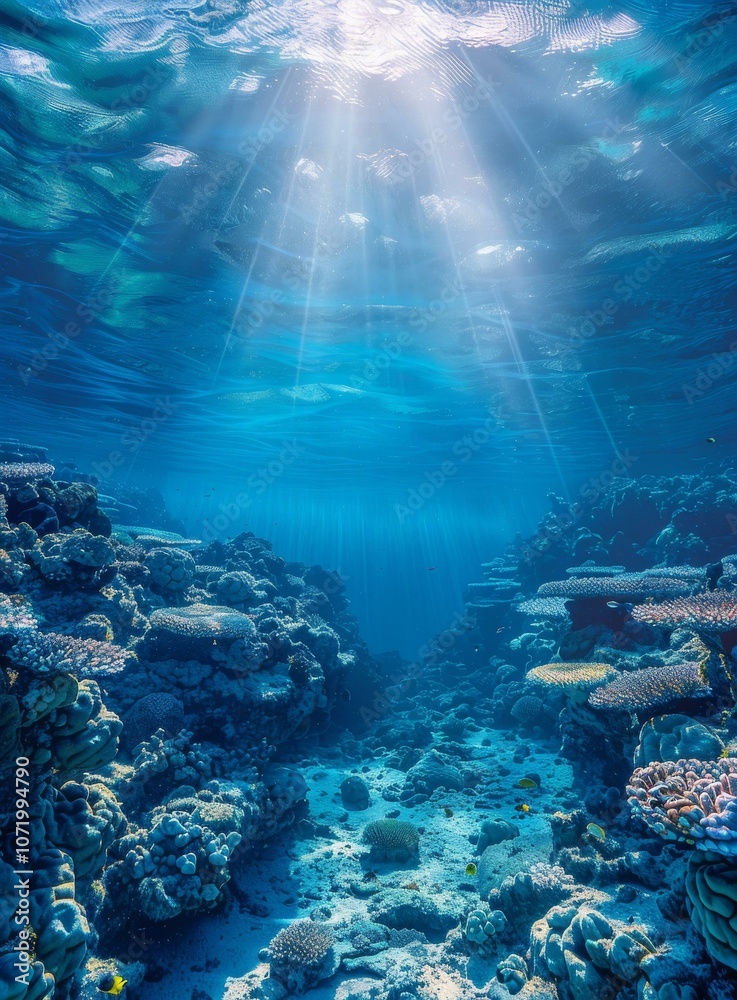Fototapeta premium Underwater coral reef with fishes swimming in the sunlight
