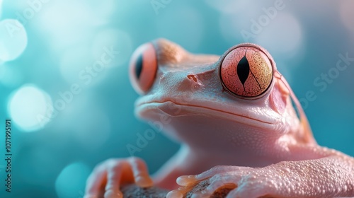 A detailed close-up of a frog showcasing vibrant coloration and striking eyes set against a dreamy, abstract bokeh background for an artistic touch. photo