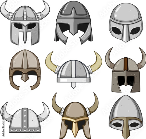 viking helmet set cartoon. medieval armor, scandinavia saga, raider seafaring viking helmet sign. isolated symbol vector illustration