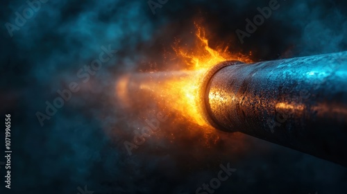 A dynamic image of a pipe bursting with fiery energy, glowing intensely against a dark background, symbolizing power, movement, and industrial strength, modern style. photo