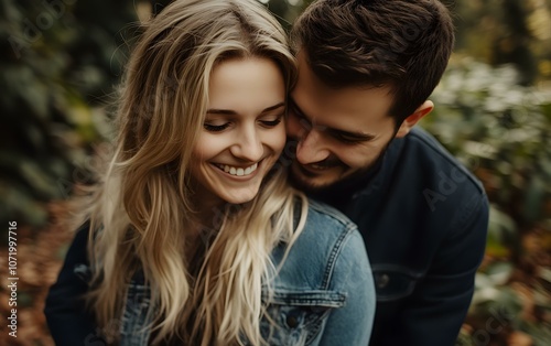 Couple in Love Smiling at Each Other in a Forest