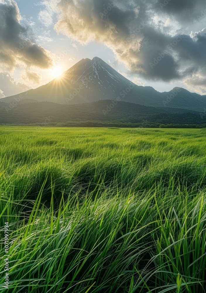 Fototapeta premium Green Grass Field With Mountain In The Distance