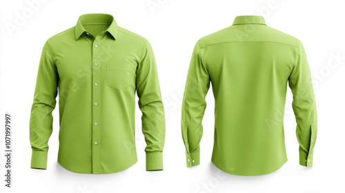 Product mockup and ads, vibrant green dress shirt featuring front and back views, perfect for casual or formal occasions. shirt has classic collar and long sleeves, showcasing its stylish design