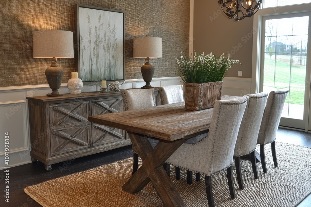 A modern dining room featuring a wooden table, upholstered chairs, and decorative elements that create an inviting atmosphere. A modern dining room featuring a wooden table, upholstered chairs, and decorative elements that create an inviting atmosphere.