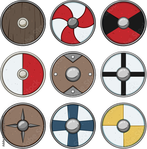 viking shield set cartoon. defense round, iron historical, replica medieval viking shield sign. isolated symbol vector illustration