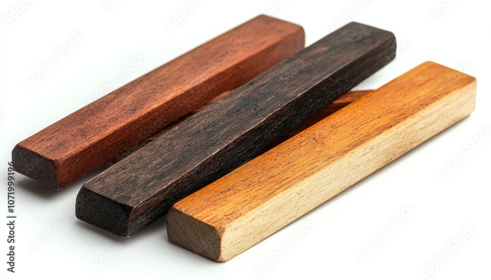 Three wooden blocks in various shades of brown, showcasing natural texture and rich colors, ideal for crafting or decorative purposes.