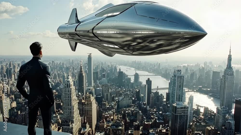 A man stands on a rooftop in New York City, looking out at the cityscape as a futuristic flying vehicle passes overhead A man stands on a rooftop in New York City, looking out at the cityscape as a futuristic flying vehicle passes overhead