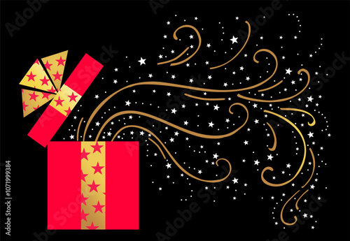 Holiday celebration Christmas card design with pink gift box is wrapped in pink paper with a gold ribbon .  a decorative border with swirls and stars EPS Vector 