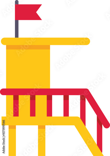 Yellow lifeguard tower with a red flag waving in the wind, perfect for representing summer safety and beach rescue