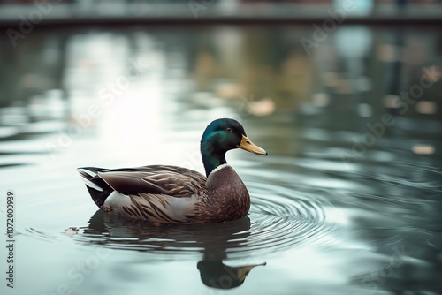 A duck gracefully paddles across a serene pond, creating ripples in the still water, surrounded by tranquility. photo
