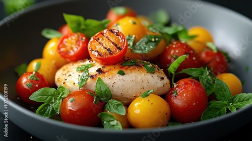 A delicious dish featuring perfectly grilled chicken breast served with colorful cherry tomatoes and fresh basil, seasoned with herbs for a vibrant culinary experience.