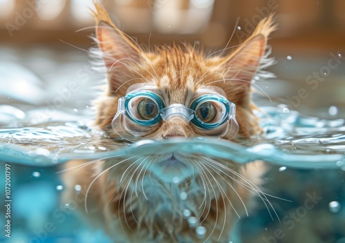 A ginger cat wearing swimming goggles is swimming in a pool