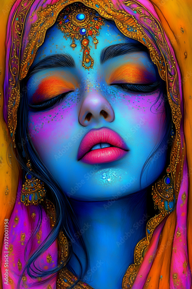 A woman with blue eyes and pink lips is wearing a colorful scarf. The scarf is orange and yellow A woman with blue eyes and pink lips is wearing a colorful scarf. The scarf is orange and yellow