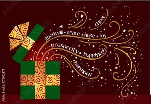 Holiday celebration Christmas card design with green gift box is wrapped in gree paper with a gold ribbon .  cursive text font , a decorative border with swirls and stars EPS Vector Illustration 