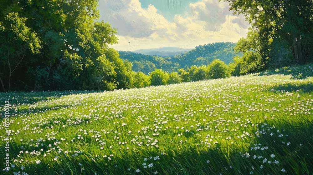 Fototapeta premium A sunlit grass field with a variety of textures, from soft tall grass to patches of clover.