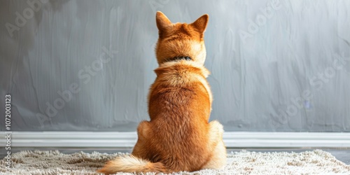 A lonely Shiba Inu sits on a carpet with its back to the camera