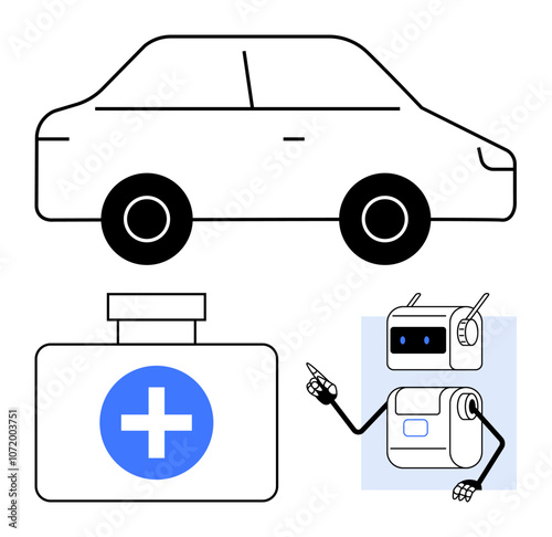 Car outline, first aid kit with cross, and robot with pointing gesture. Ideal for healthcare, medical technology, robotics, autonomous vehicles, AI assistance, emergency response, and innovation