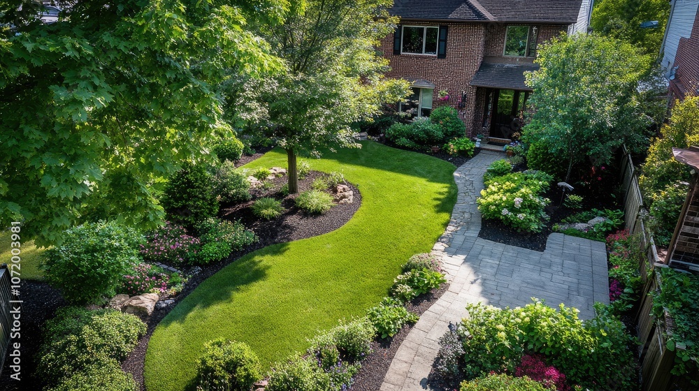 Aerial perspective of a front lawn with a tree in the center, surrounded by flower beds and greenery. Aerial perspective of a front lawn with a tree in the center, surrounded by flower beds and greenery.