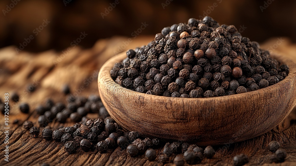 Black Peppercorns in Wooden Bowl Black Peppercorns in Wooden Bowl