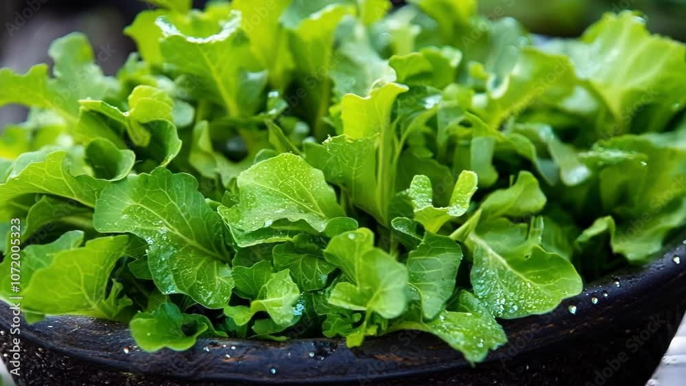Thriving arugula plant in pot outdoors with water droplets, promising fresh, nutritious addition to dishes, grown organically at home. Enjoy healthy harvest straight from garden Thriving arugula plant in pot outdoors with water droplets, promising fresh, nutritious addition to dishes, grown organically at home. Enjoy healthy harvest straight from garden