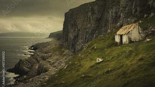 An isolated, weathered house stands valiantly on a cliff edge, framed by a stormy sky and vast ocean views. photo