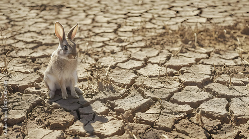 A rabbit stranded in a barren land after a drought photo